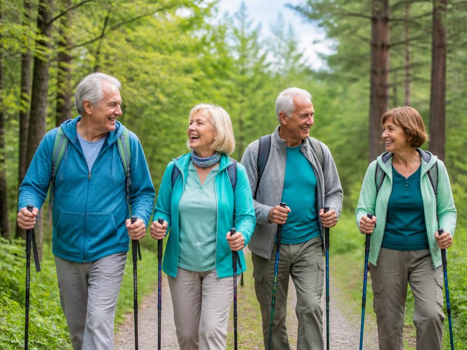 Grupa seniorów podczas nordic walking
